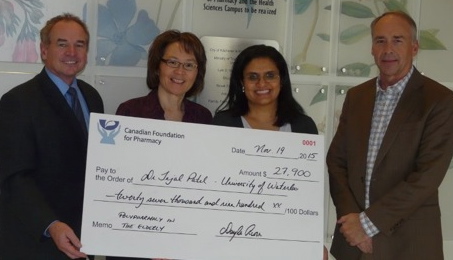 Picture of CFP's Dayle Acorn with grant recipients Dr. Linda Lee and Tejal Patel, as well as Dr. David Edwards of University of Waterloo