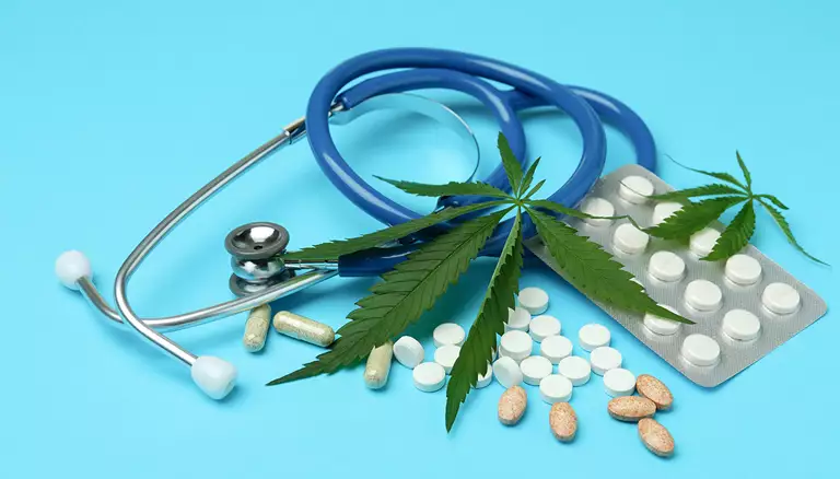 The pharmacist's role in medical cannabis | Picture of medicinal cannabis concept on blue background - The Canadian Foundation For Pharmacy