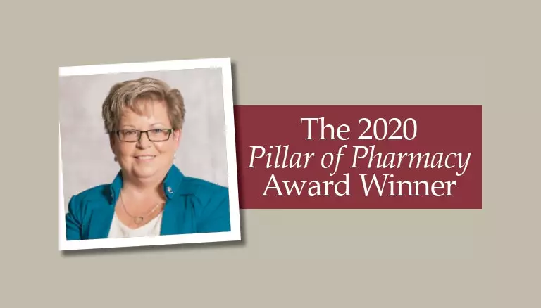 Banner of picture of Rita Winn in a frame with a message next to it that states she's the 2020 Pillar of Pharmacy Award winner - The Canadian Foundation For Pharmacy