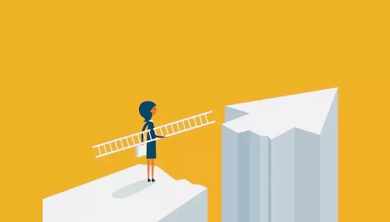 Taking a LEAP for leaders in pharmacy | Illustration of female character holding a ladder to "climb" up - The Canadian Foundation For Pharmacy