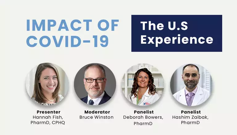 The U.S. pharmacy perspective | Image of promotional banner for the webinar containing headshots of presenter, moderator and two panelists - The Canadian Foundation For Pharmacy