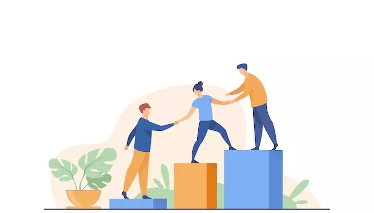 We are all leaders: the Wellspring Awards | Illustration showing individuals helping each other climb different levels - The Canadian Foundation For Pharmacy