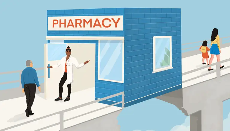 Bridging gaps in health care | Illustration of pharmacists standing on a bridge, inviting customers to cross the bridge by going through her small pharmacy - The Canadian Foundation For Pharmacy