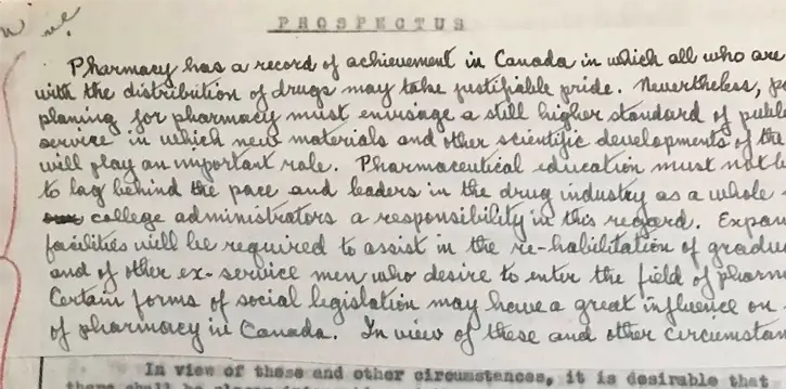 Hand-written draft of the Foundation's first prospectus - Canadian Foundation for Pharmacy