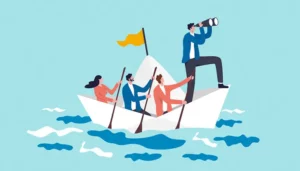 Expanded scope plus business smarts equals success | Illustration showing four people on a boat rowing, while of them is looking through a scope - Canadian Foundation for Pharmacy