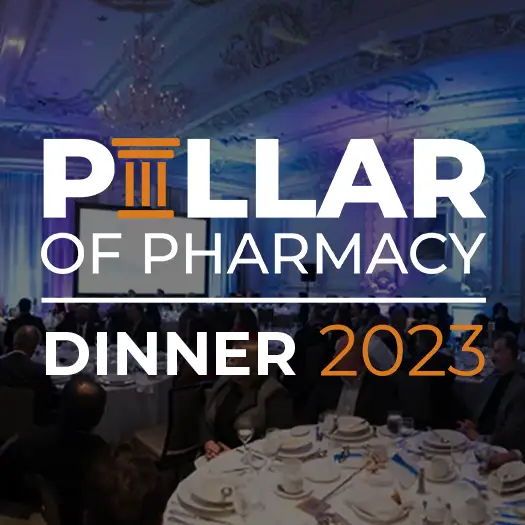 2023 Pillar of Pharmacy Dinner | Picture of corporate dinner in a dim lit environment with the Pillar of Pharmacy logo superimposed on the image - Canadian Foundation for Pharmacy