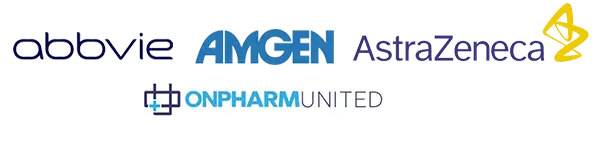 Banner for Innovation Showcase 2023 Silver Sponsors, consisting of Abbvie, Amgen, AstraZeneca and ONPharm United - Canadian Foundation for Pharmacy