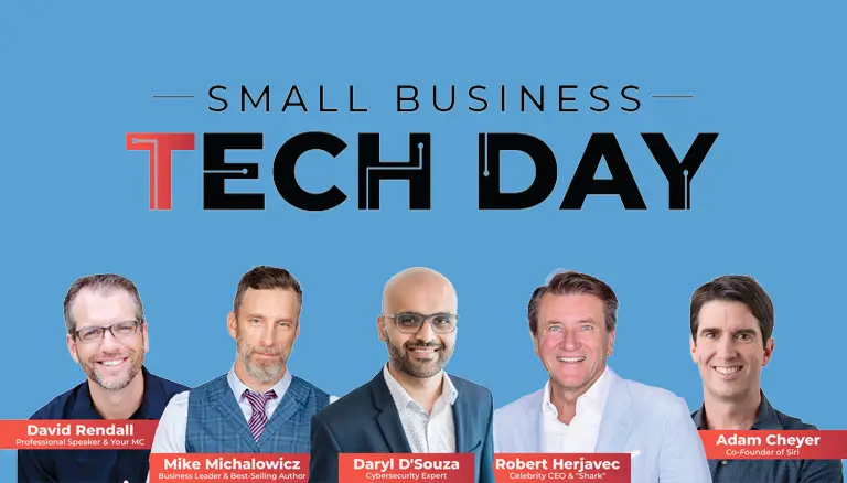 Small Business Day Tech 2023 | Banner for the Small Business Tech Day, with profile images of all the presenters, which include David Rendall, Mike Michalowickz, Daryl D'Souza, Robert Herjavec and Adam Cheyer - Canadian Foundation for Pharmacy
