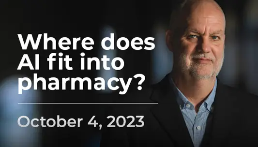 Banner for Innovation Showcase 2023, where does AI fit into pharmacy, with a picture of Andre Picard in the background - Canadian Foundation for Pharmacy