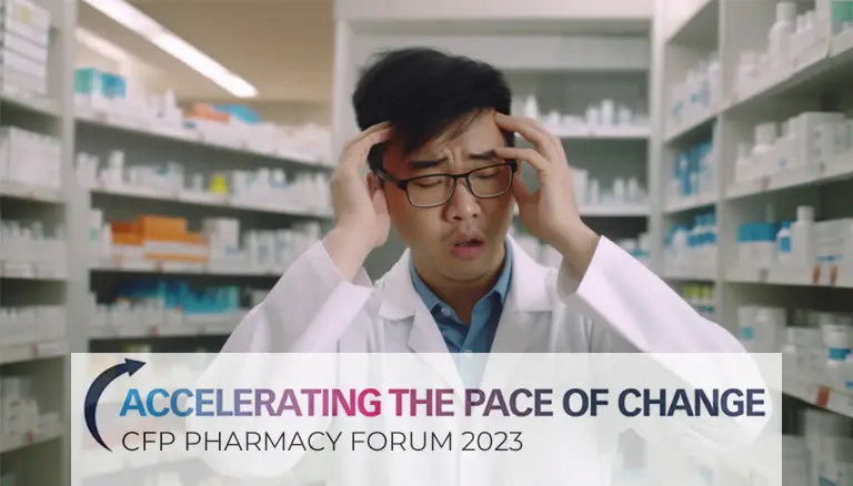 2023 November Pharmacy Forum | Image of a asian male pharmacists holding his hands to his head and looking visibly stressed - Canadian Foundation for Pharmacy