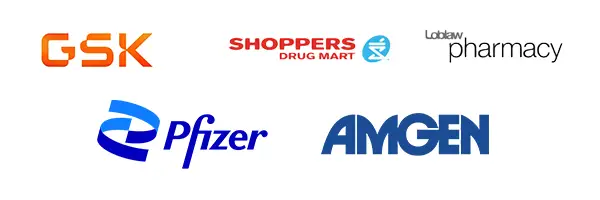 2023 November Pharmacy Forum Gold Sponsors banner, containing logos from GSK, Shoppers Drug Mart, Loblaw Pharmacy, Pfizer and Amgen - Canadian Foundation for Pharmacy