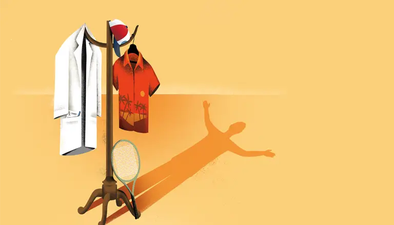 From Burnout to Balanced | Concept illustration lab coat and summer dress shirt on a coat rack, projecting the shadow of person with their arms in the air celebrating - Canadian Foundation for Pharmacy